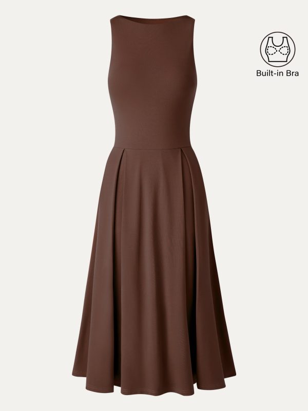 Boatneck Pleated Fit-and-Flare Midi Bra Dress with Pockets