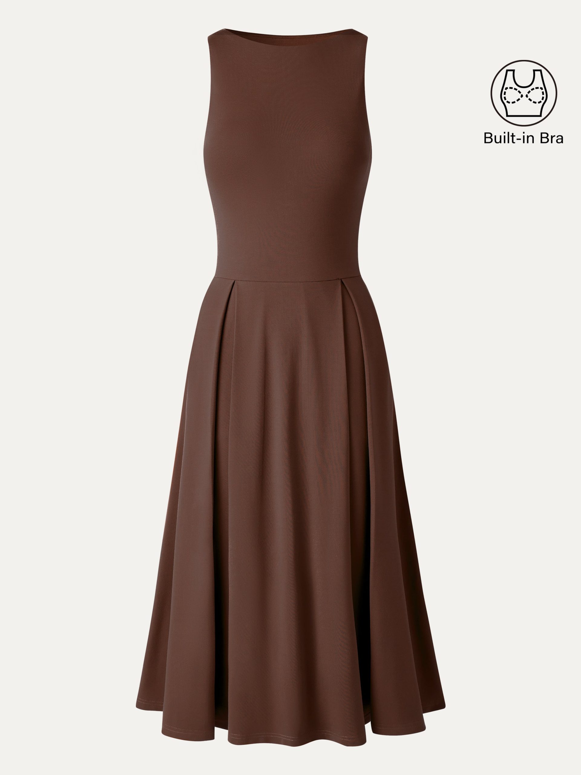 Boatneck Pleated Fit-and-Flare Midi Bra Dress with Pockets - Image 15
