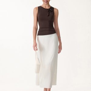 Milky Smooth Round Neck Sleeveless Top with Bow - Image 2