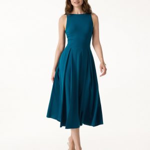 Boatneck Pleated Fit-and-Flare Midi Bra Dress with Pockets