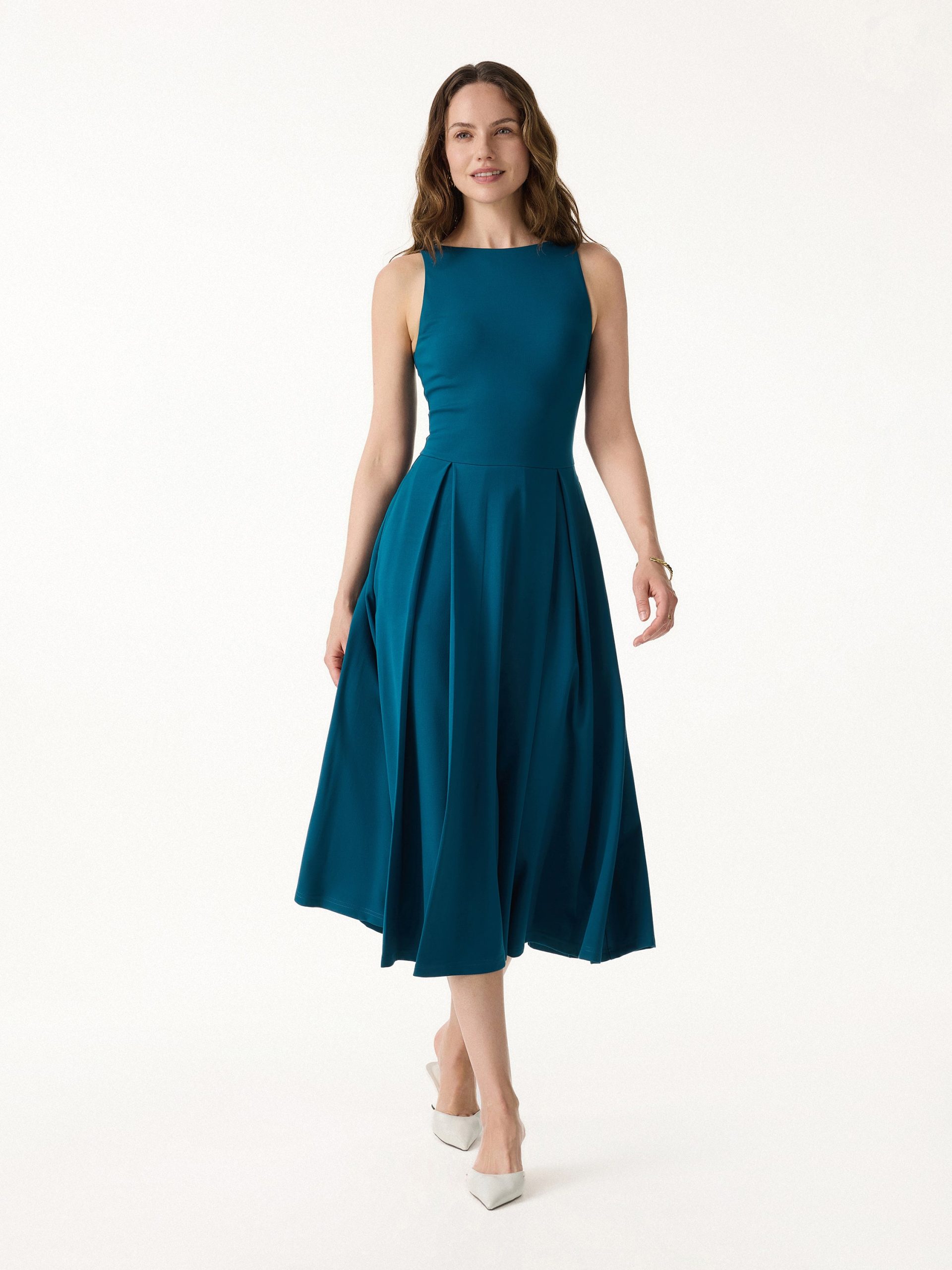 Boatneck Pleated Fit-and-Flare Midi Bra Dress with Pockets - Image 1