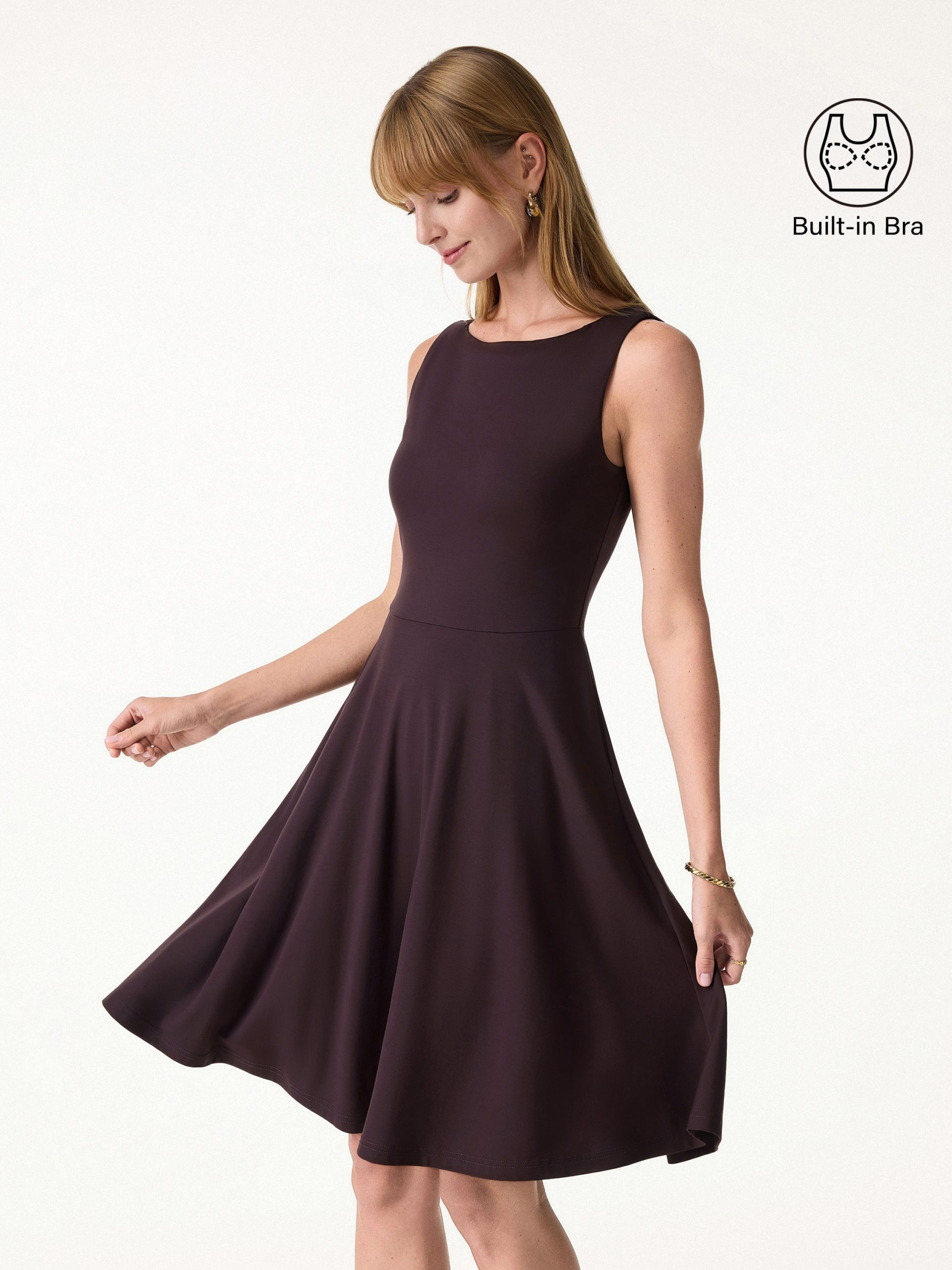 Stretchy Boatneck Fit-and-Flare Mini Bra Dress with Pockets - Image 7