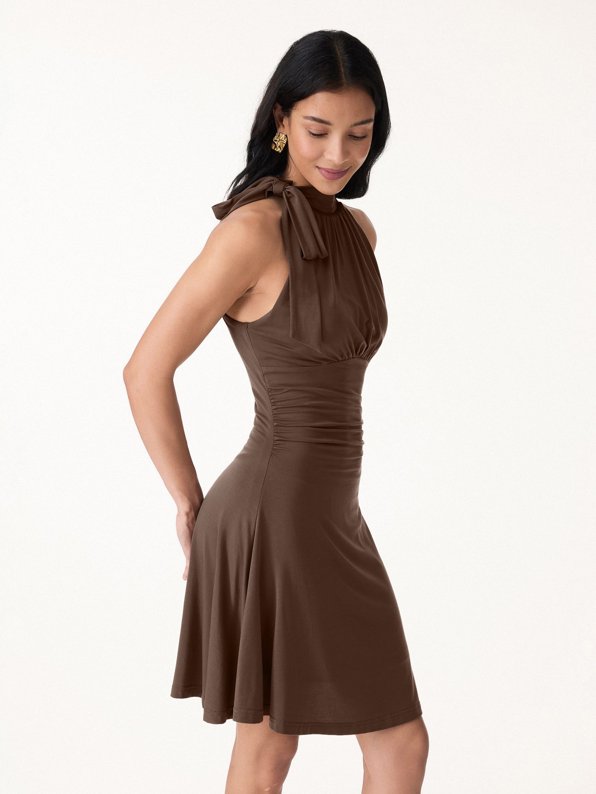 Milky Matte Mockneck Bow Tie Ruched Mini Bra Dress - Image 1