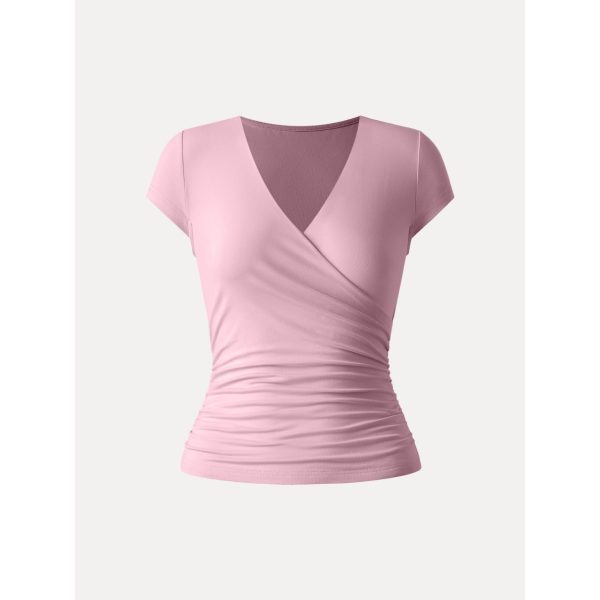 Surplice Cap Sleeve Side Ruched Fitted Tee