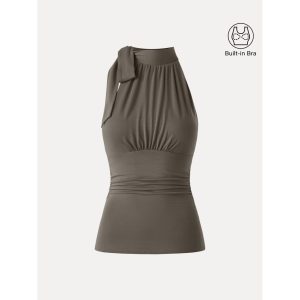 Side Ruched High Tie Neck New Airy Bra Tank - Image 18