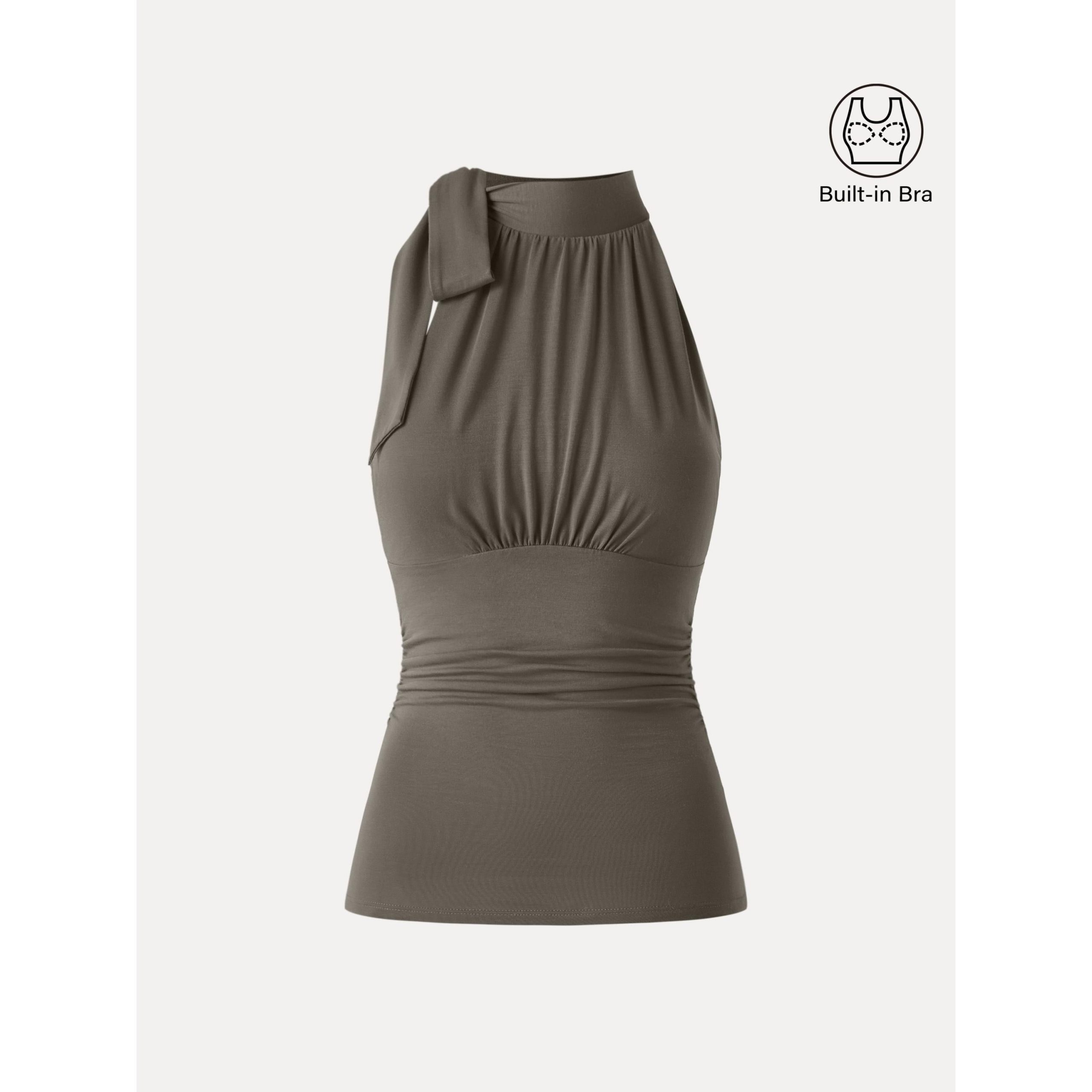 Side Ruched High Tie Neck New Airy Bra Tank - Image 18