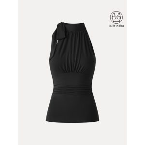 Side Ruched High Tie Neck New Airy Bra Tank - Image 19