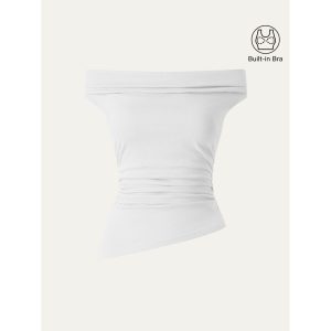 Off Shoulder Cotton-Linen Gathered New Airy Bra Tank - Image 13