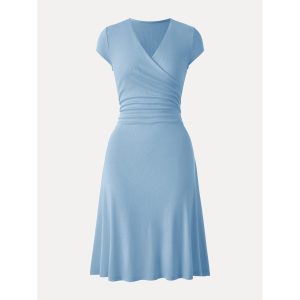 Stretch Cotton Surplice V-neck Cap Sleeve Midi Dress - Image 10