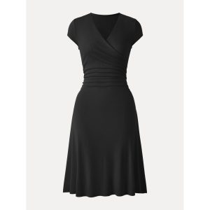 Stretch Cotton Surplice V-neck Cap Sleeve Midi Dress - Image 14