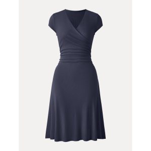 Stretch Cotton Surplice V-neck Cap Sleeve Midi Dress - Image 11